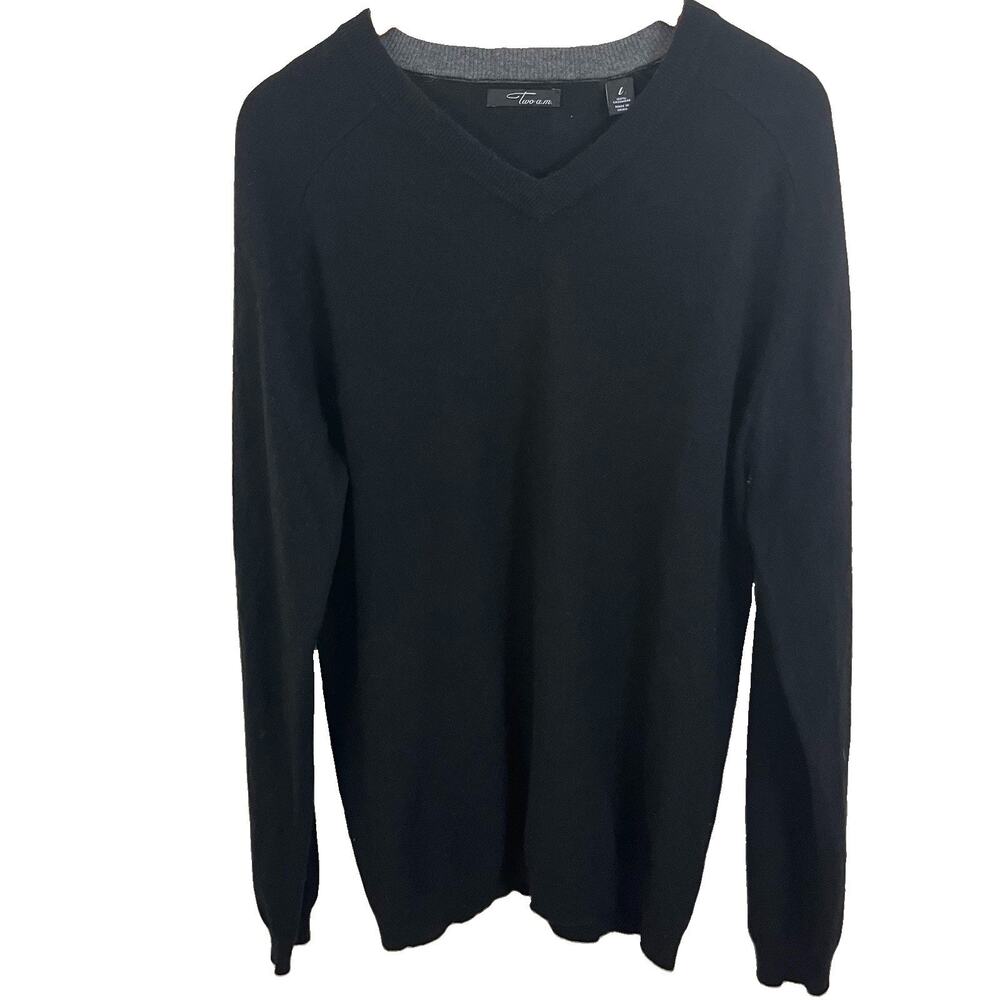 Two A.M. 100% Cashmere V-Neck Sweater Mens L Black Raglan Quiet Luxury